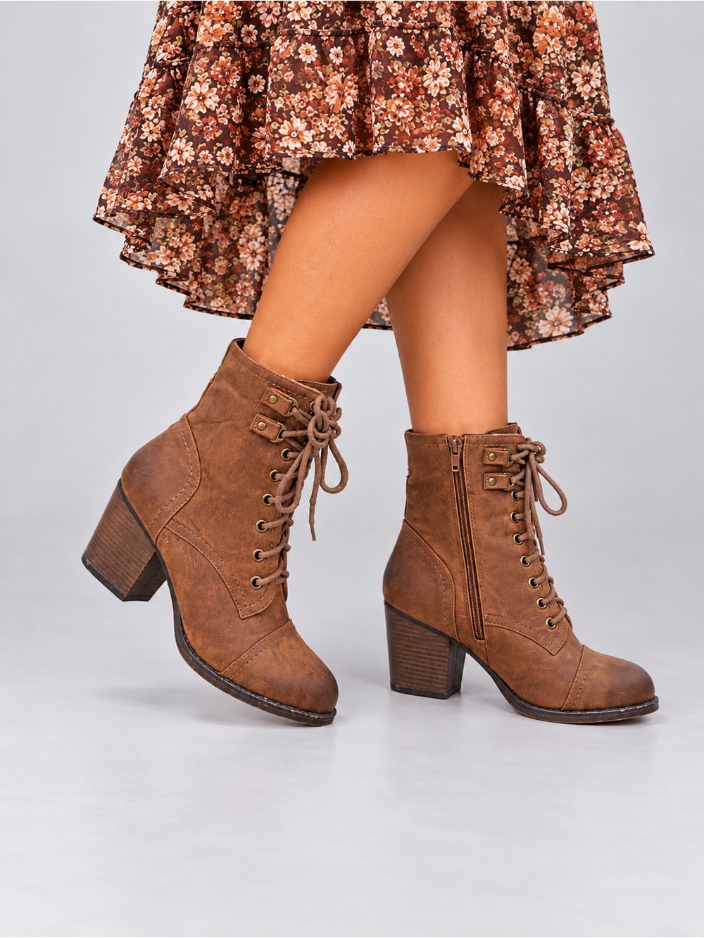 Ladies Jellypop Rustic Brown Lace-Up Block Heel Ankle Boots